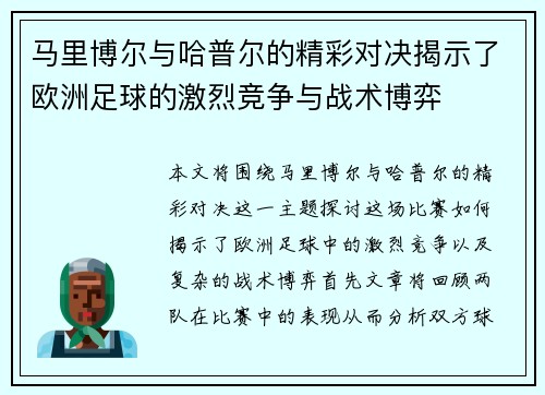 马里博尔与哈普尔的精彩对决揭示了欧洲足球的激烈竞争与战术博弈
